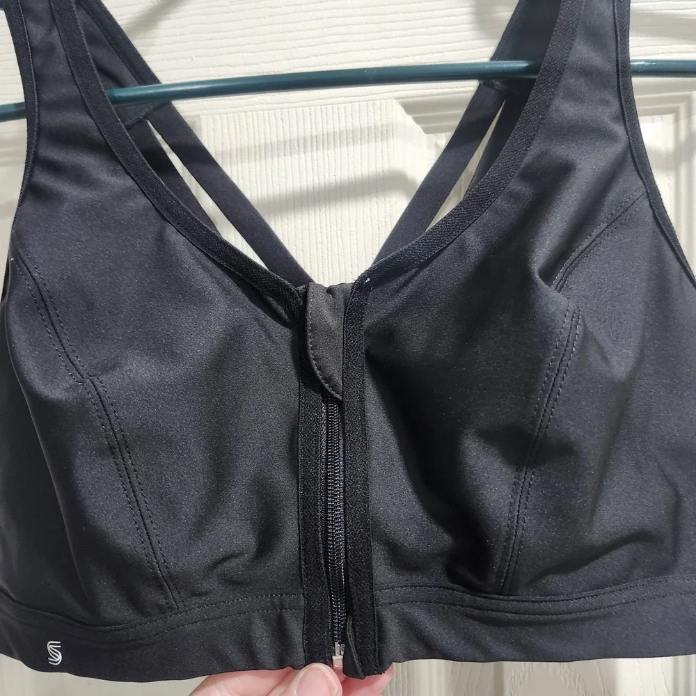 Glamorise Sport Bra 36D Black Front Zip‎ High Support Crisscross Back Activewear